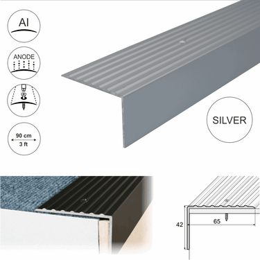 A32 65 x 42mm Anodised Aluminium Non Slip Ribbed Treads Stair Nosing Edge Trim - Cayrus World of Finishing