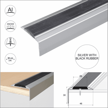A38 46 x 30mm Anodised Aluminium Non Slip Rubber Stair Nosing Edge Trim - Cayrus World of Finishing