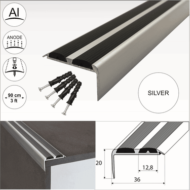 A37 36 x 20mm Anodised Aluminium Non Slip Rubber Stair Nosing Edge Trim With Inserts - Cayrus World of Finishing
