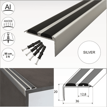 15 Pack Silver A37 0.9m x 36mm x 20mm Screw Fit Anodised Aluminium Non Slip Stair Nosing With Black Rubber - Cayrus World of Finishing
