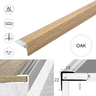 Wood effect Aluminium  stair nosing  with Oak finish, showing installation details and measurements.
