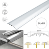 Silver aluminium floor threshold strip, 30mm wide, 93cm length. All-in-one adjustable transition bar for joining floors of different heights. Includes installation diagram and dimensions