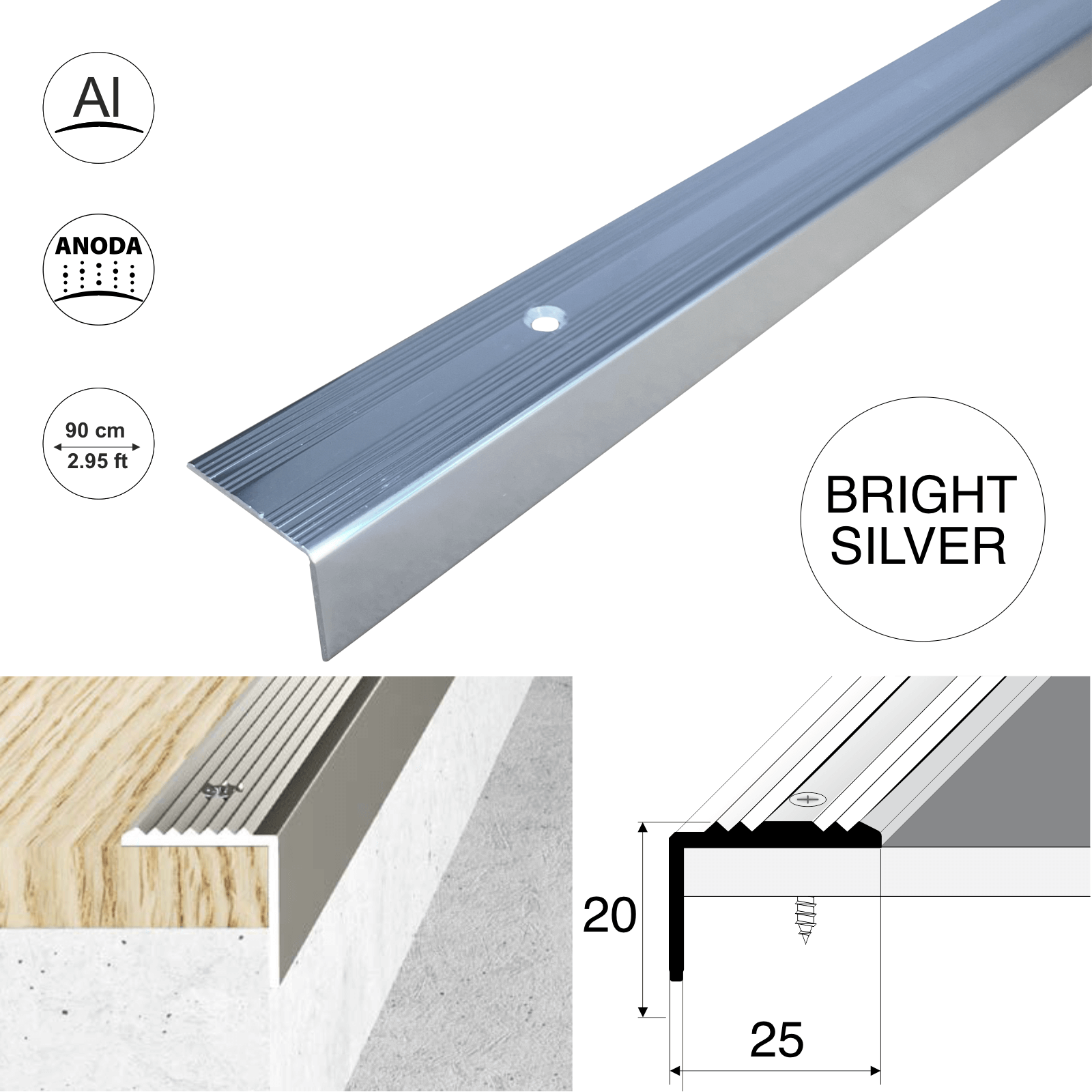 Aluminium Stair Nosing 25x20mm – Anti-Slip Stair Edge Protector Step T ...