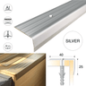 Silver anodised aluminium stair nosing, 40mm tread by 25mm riser, ribbed non-slip surface, 0.9m length with included screws, suitable for home or commercial stairs.