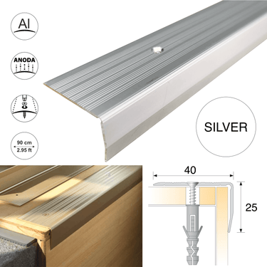Silver anodised aluminium stair nosing, 40mm tread by 25mm riser, ribbed non-slip surface, 0.9m length with included screws, suitable for home or commercial stairs.