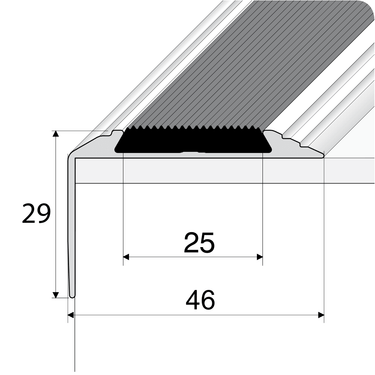Detailed cross-sectional drawing of non-slip stair nosing profile with black rubber insert, screw-fit design, and measurements: 46mm tread, 30mm riser, 25mm screw position