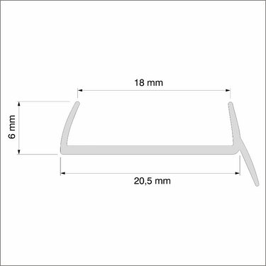 Technical drawing of PVC plinth sealing strip showing dimensions: 20.5mm width, 18mm internal width, and 6mm height.